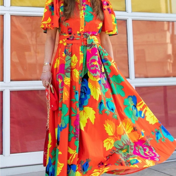 Floral Coral Maxi Shirt Dress with Belt - Picture 11 of 16
